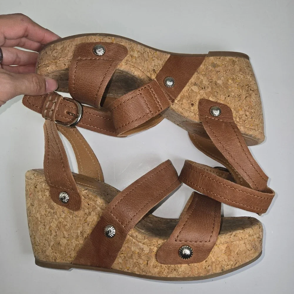 Lucky Brand Valintina Cork Wedge Sandals Brown Leather Ankle Strap Women's 8.5‎